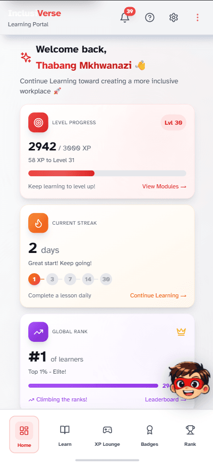 InclusiVerse learner dashboard on phone