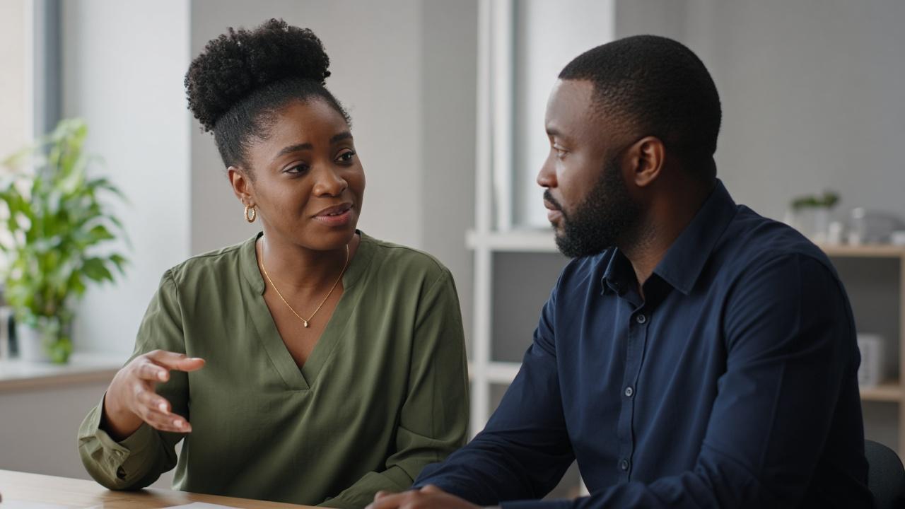 Two colleagues in conversation at a desk.