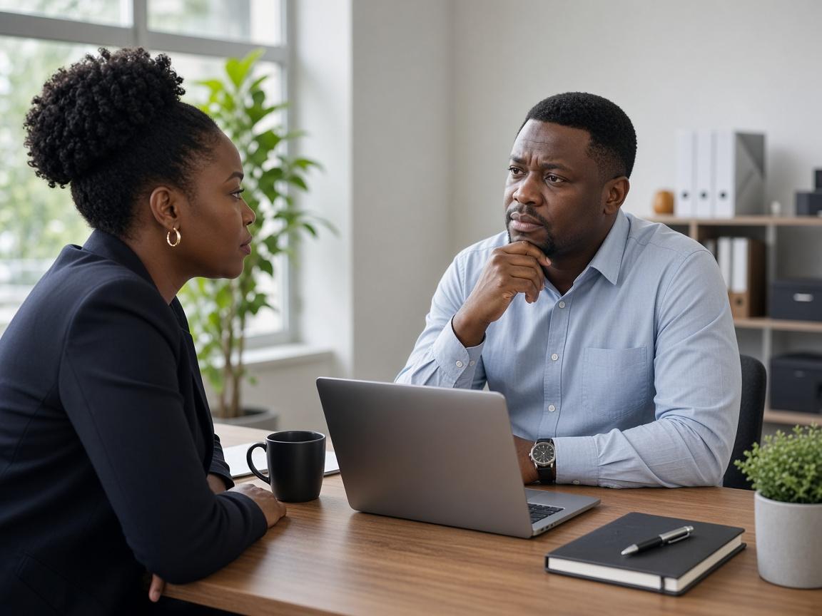A manager listening across a desk, considering how to respond.