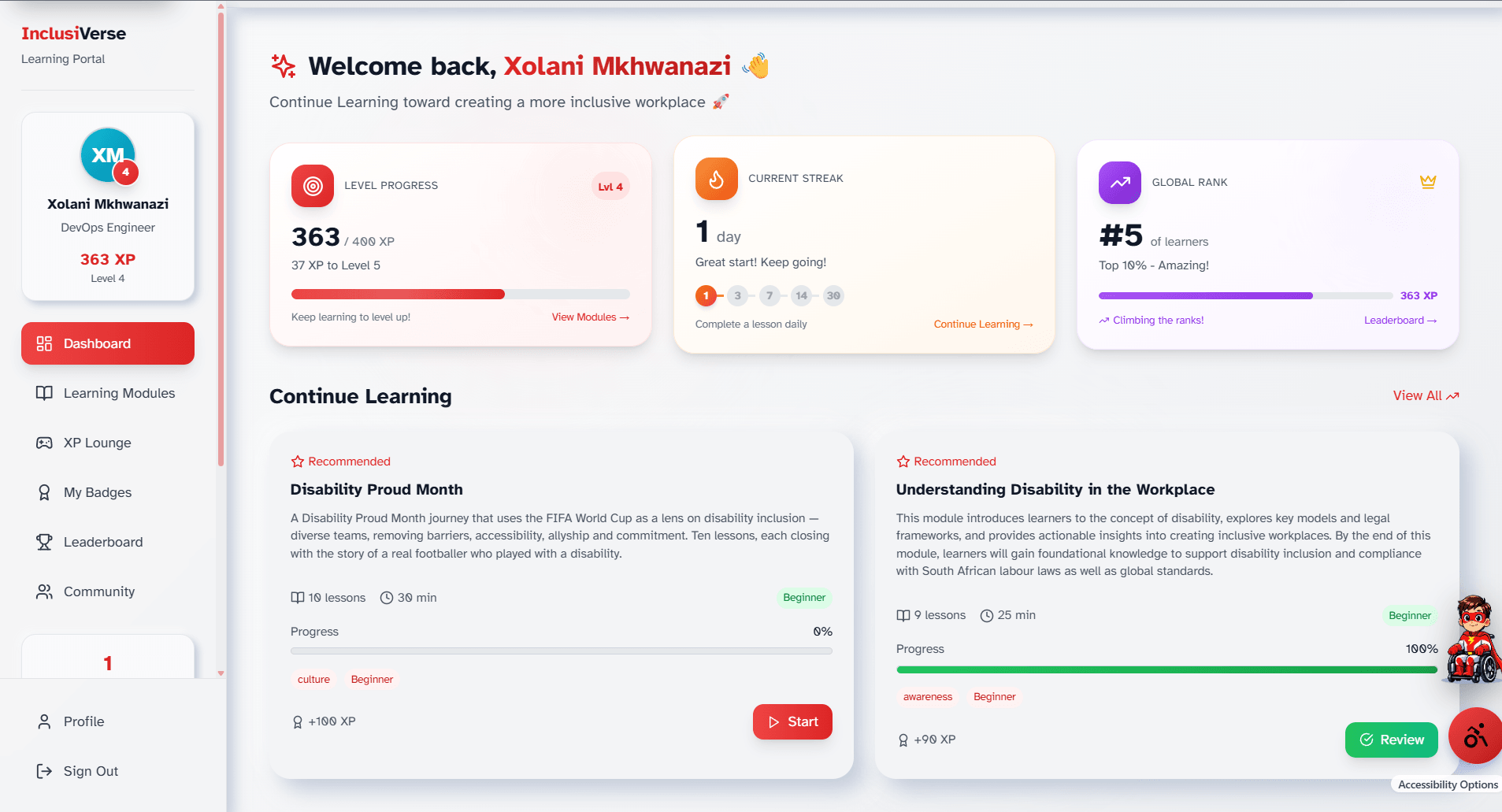 InclusiVerse learner dashboard on tablet